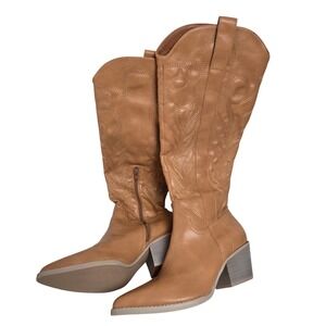 Oasis Women's Western Tan Cowboy Boots Size 6.5 Pointed Toe Mid Heel Faux Leathe